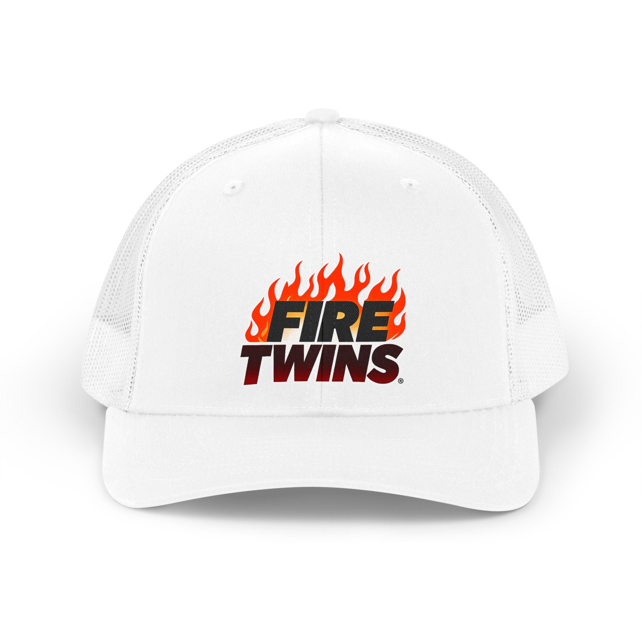 Trucker Hat — "Fire Twins" Retro Flame Logo Mesh Cap