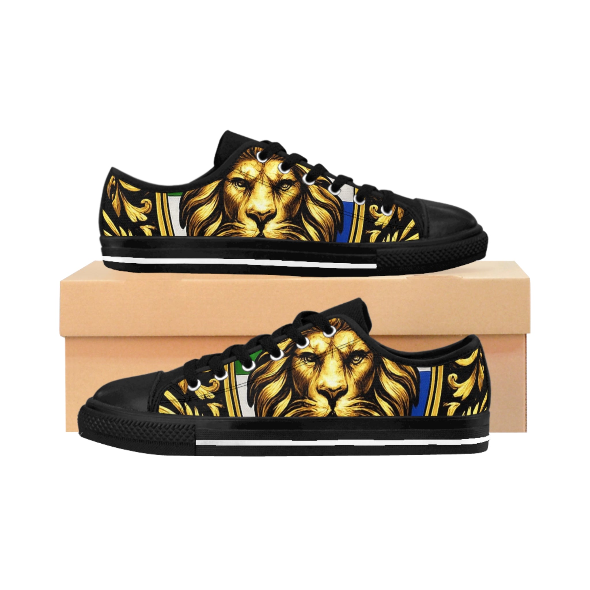 Lion Crest Low-Top Sneakers — Bold Golden Lion Graphic Men's Shoes