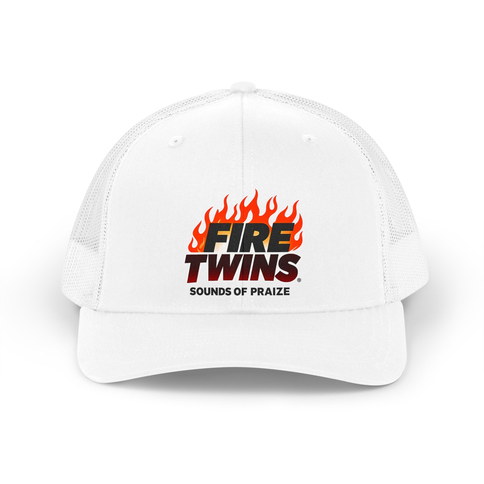Trucker Hat — "Fire Twins" Retro Flame Logo Mesh Cap