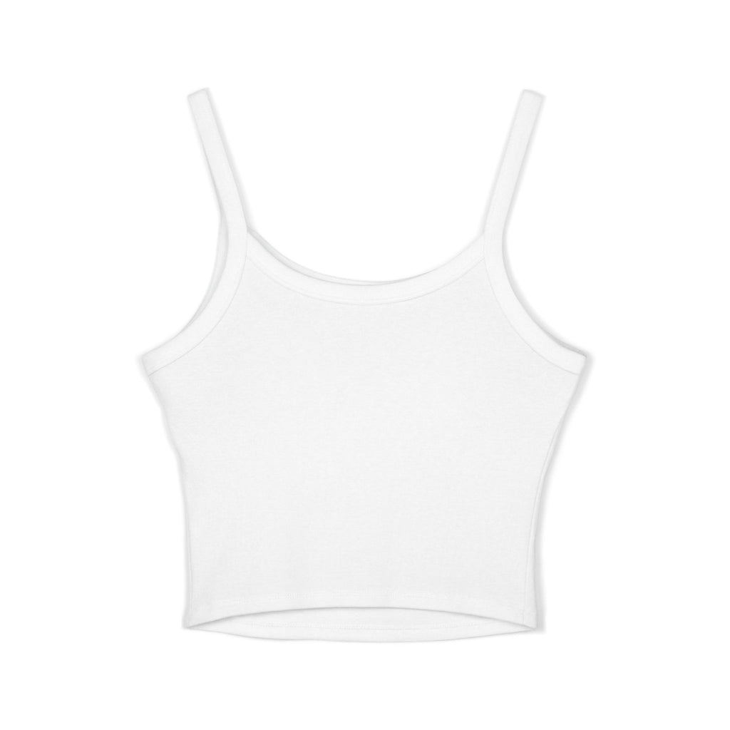 Salone Script Tank Top — Women's Cropped Spaghetti Strap Tank with Green Heart Logo