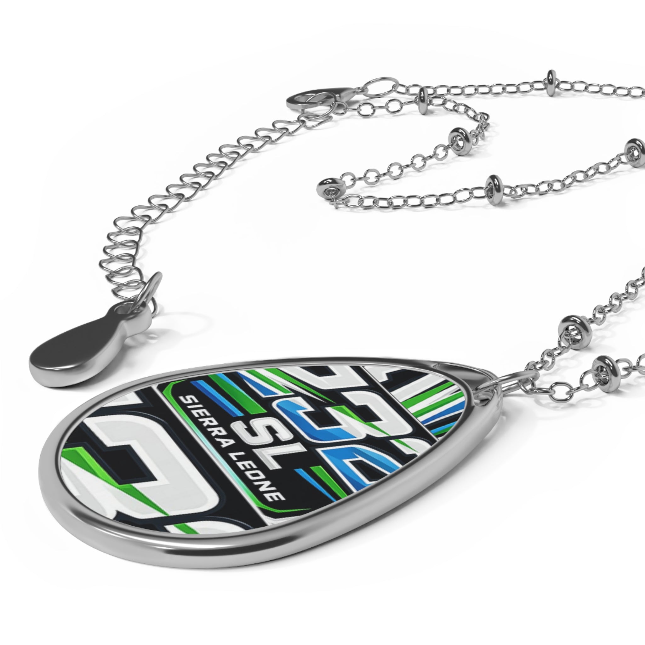 Sierra Leone Racing Oval Necklace — Silver Teardrop Pendant with 232 Graphic