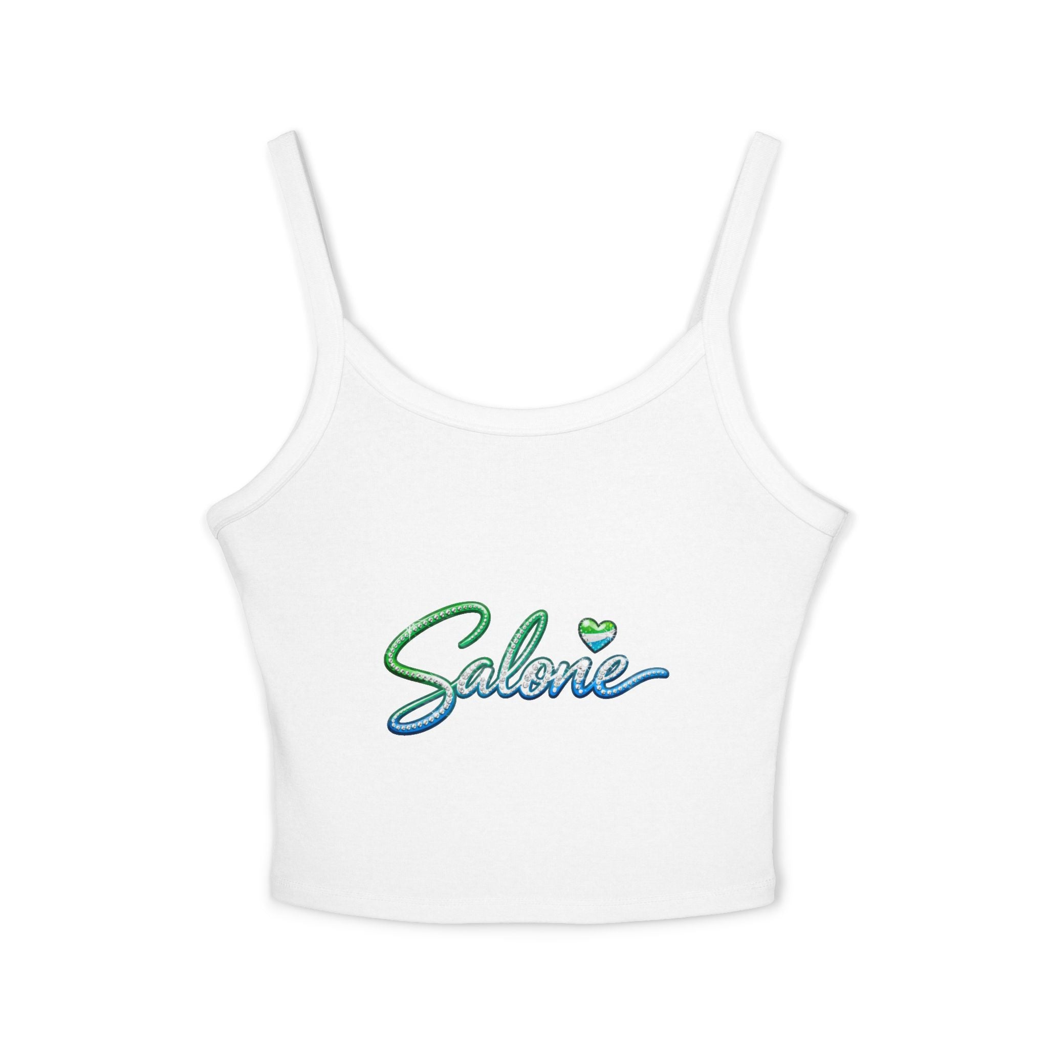 Salone Script Tank Top — Women's Cropped Spaghetti Strap Tank with Green Heart Logo