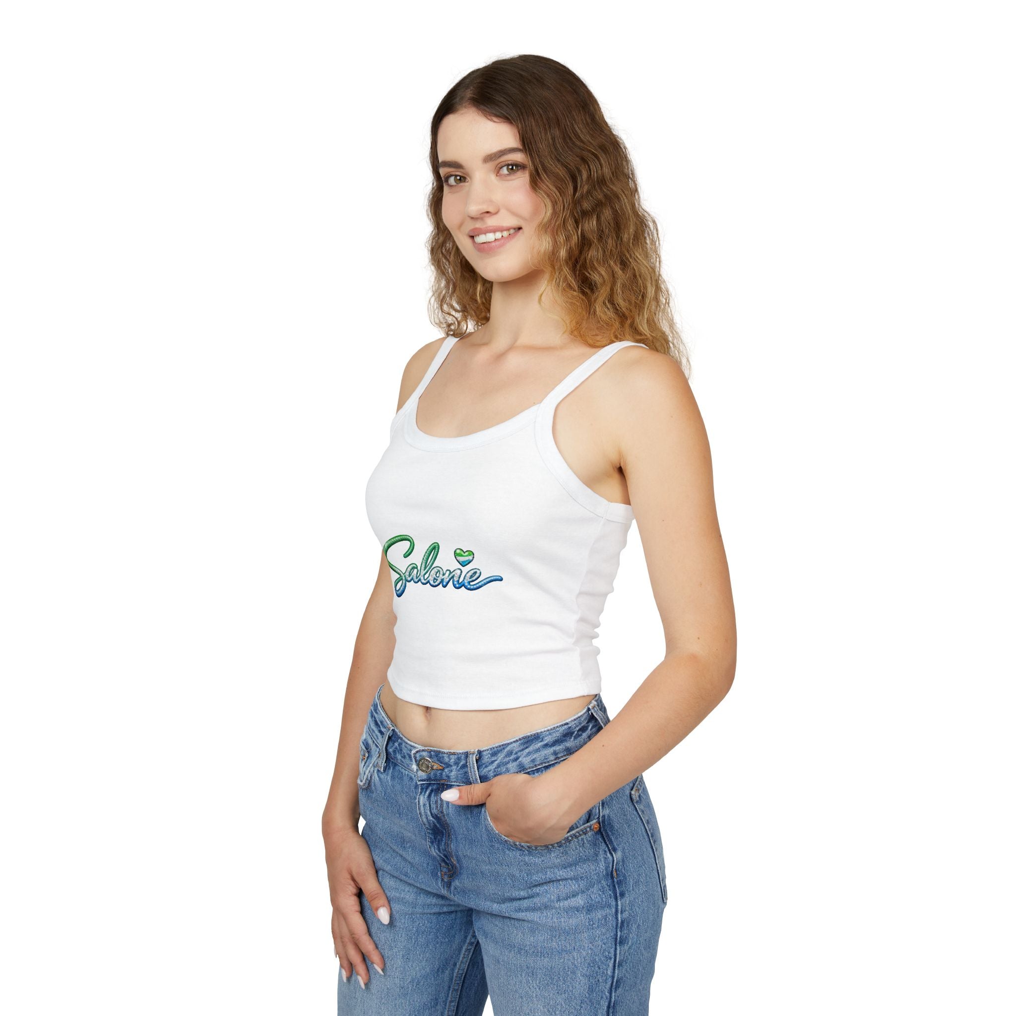 Salone Script Tank Top — Women's Cropped Spaghetti Strap Tank with Green Heart Logo