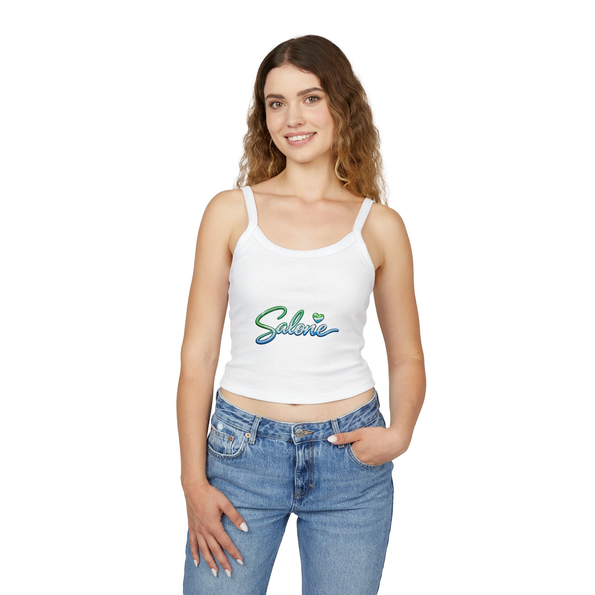 Salone Script Tank Top — Women's Cropped Spaghetti Strap Tank with Green Heart Logo