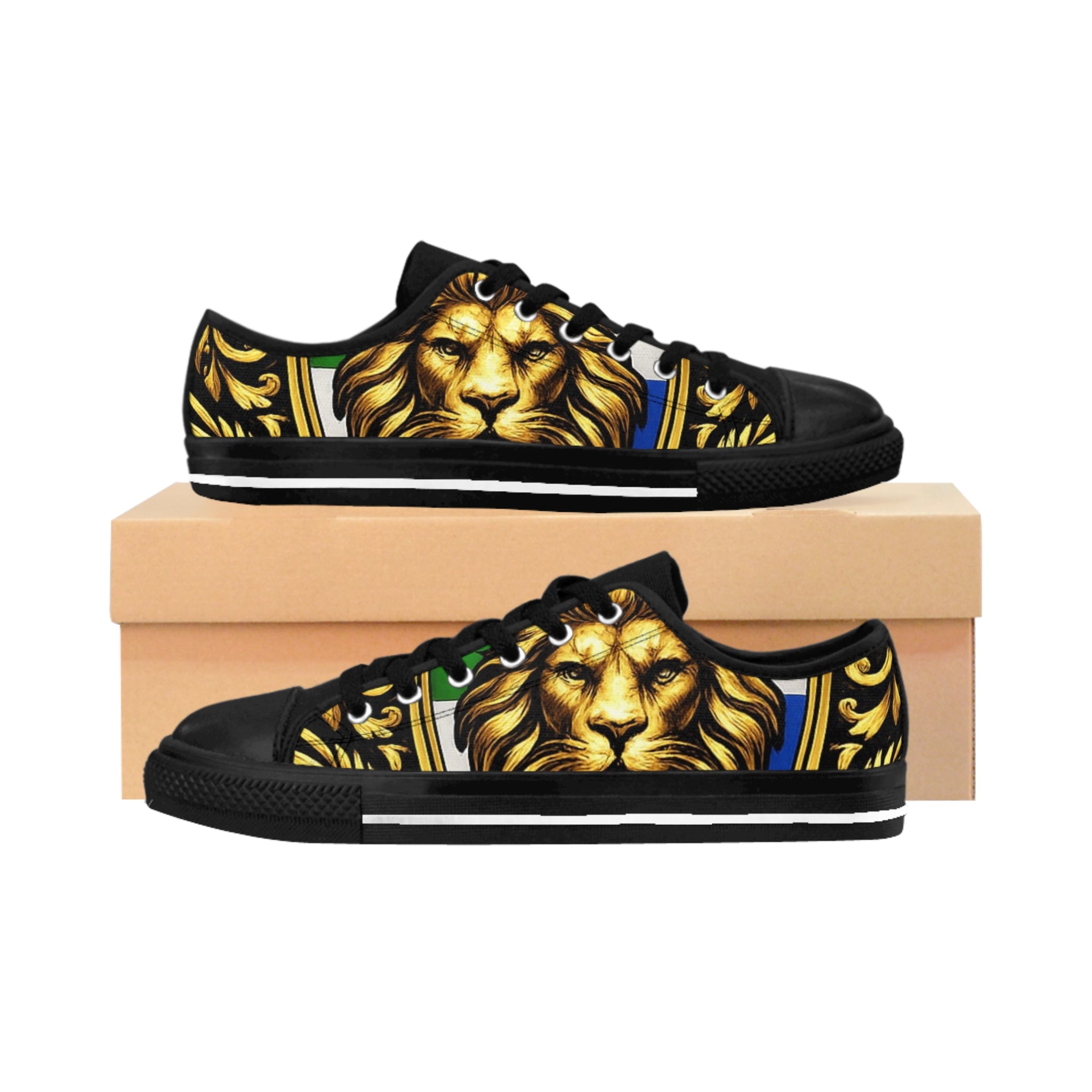 Lion Face Low-Top Sneakers — Bold Gold Lion Graphic Women's Shoes