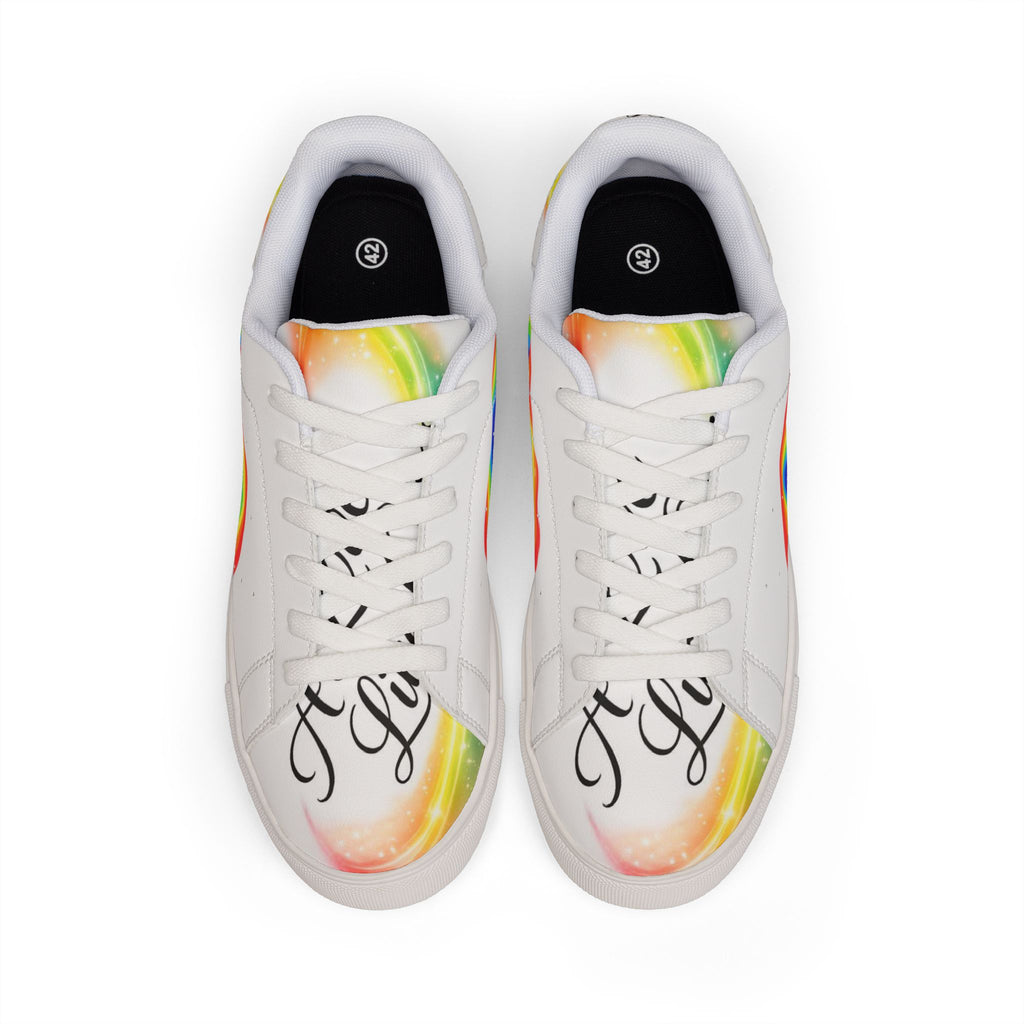 Pride Leather Sneakers — Rainbow Script Low-Top for Men/Studs
