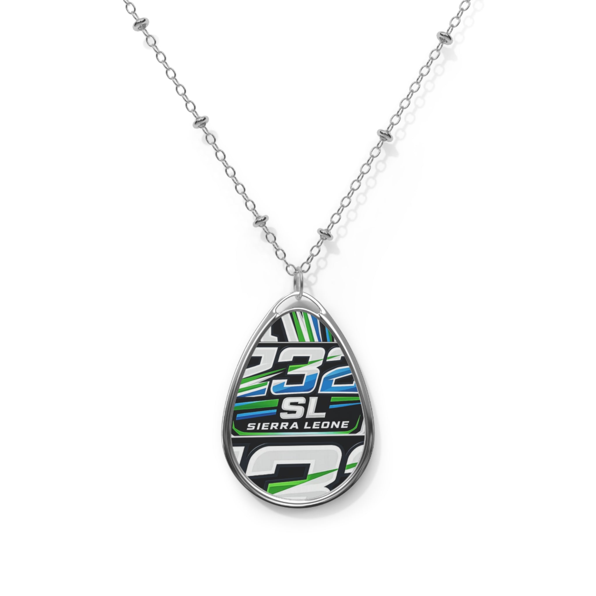 Sierra Leone Racing Oval Necklace — Silver Teardrop Pendant with 232 Graphic